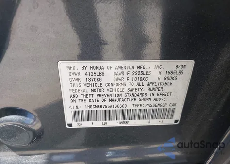 2005 Honda Accord 2.4 Ex z USA, uszkodzony, nr VIN 1HGCM56755A160669